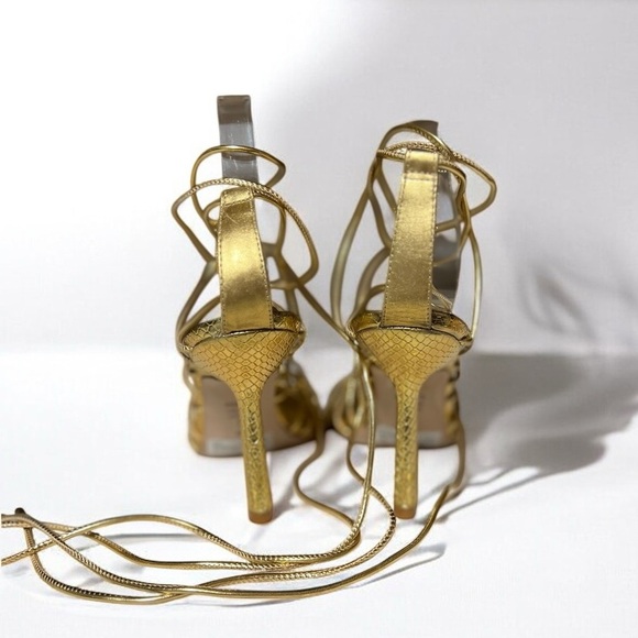 🌻 Schutz Strappy Gold Leather Snake Embossed Heyde Heels Size 8 + Box / Dust Bag - Picture 3 of 15